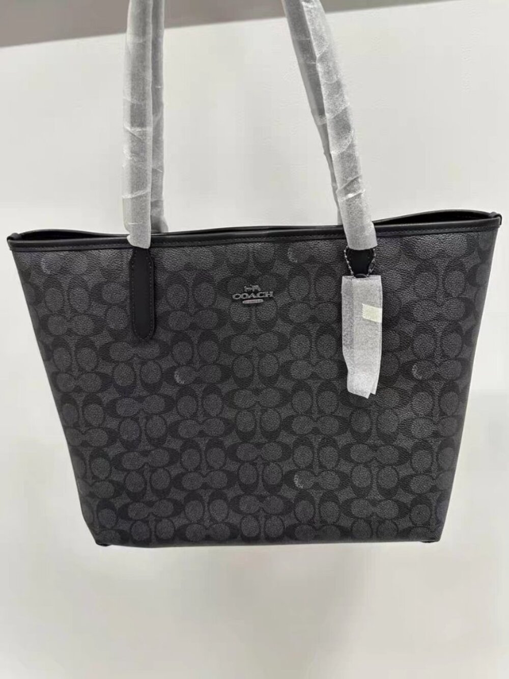 Coach Signature City Tote Black Grey Monogram Large Work Handbag
